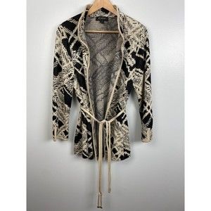 St. John Belted Knit Cardigan Jacket Black Tan Texture Print Women's 16